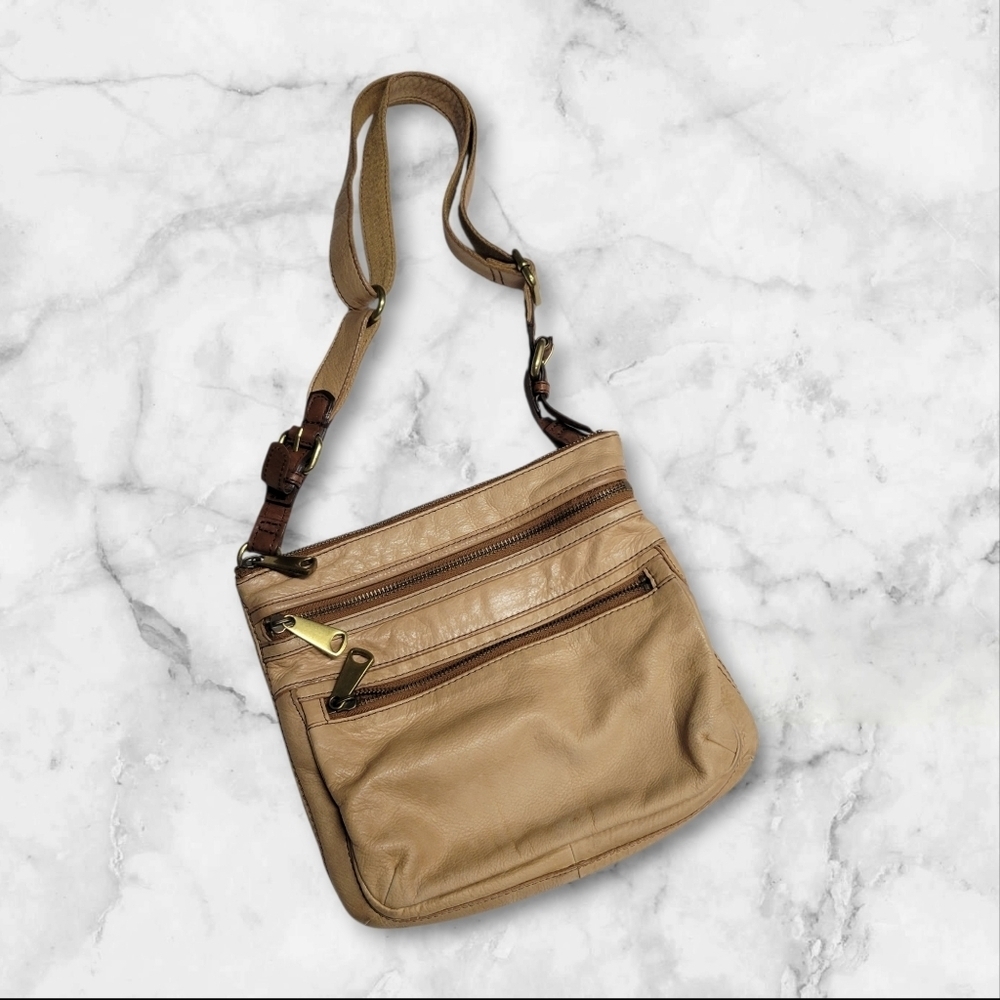 Fossil Explorer Crossbody Satchel Bag Leather Tan Zip Vintage Y2K